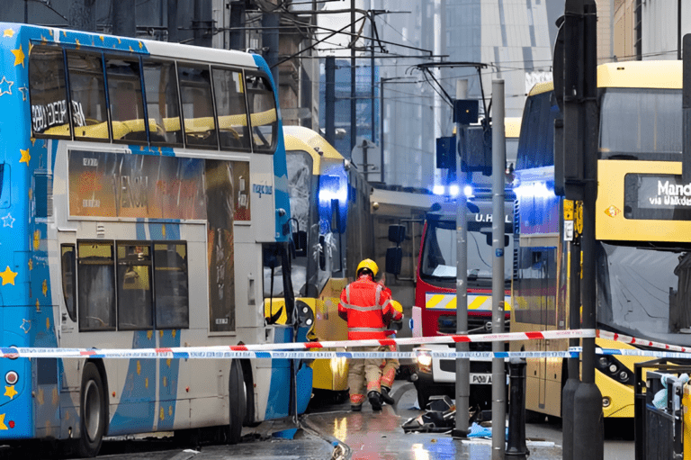 A Bus and Tram Collide in Manchester City Center